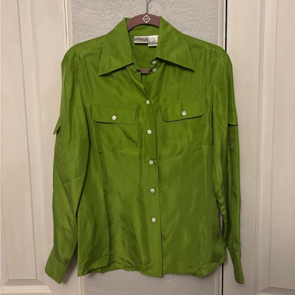Vintage 90s 100% Silk Lime Green Button down Double Pockets Size 4
